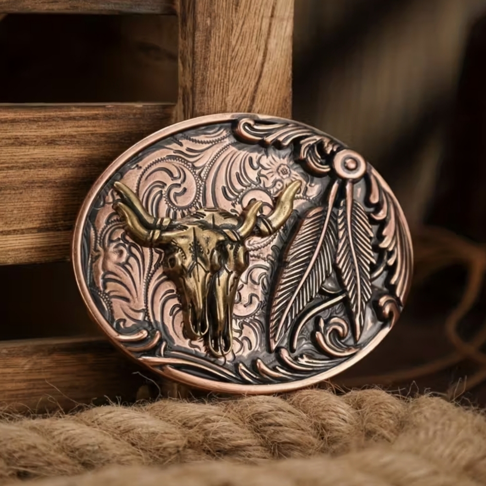 Western Double Bull Skull Belt Buckle w/ Feathers | Bronze Tone Vintage Style
